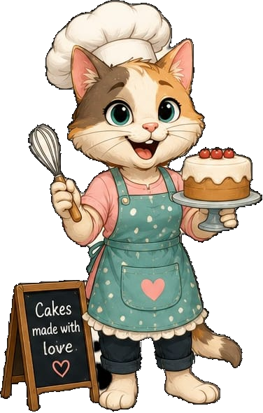 Friendly baker character holding cakes